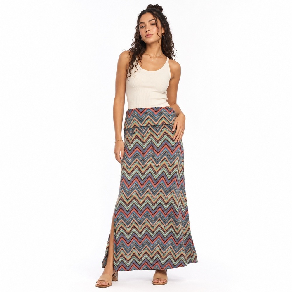 Y2K Chevron Maxi Skirt Foldover Waist M Multicolor Boho Festival Side Slit Retro